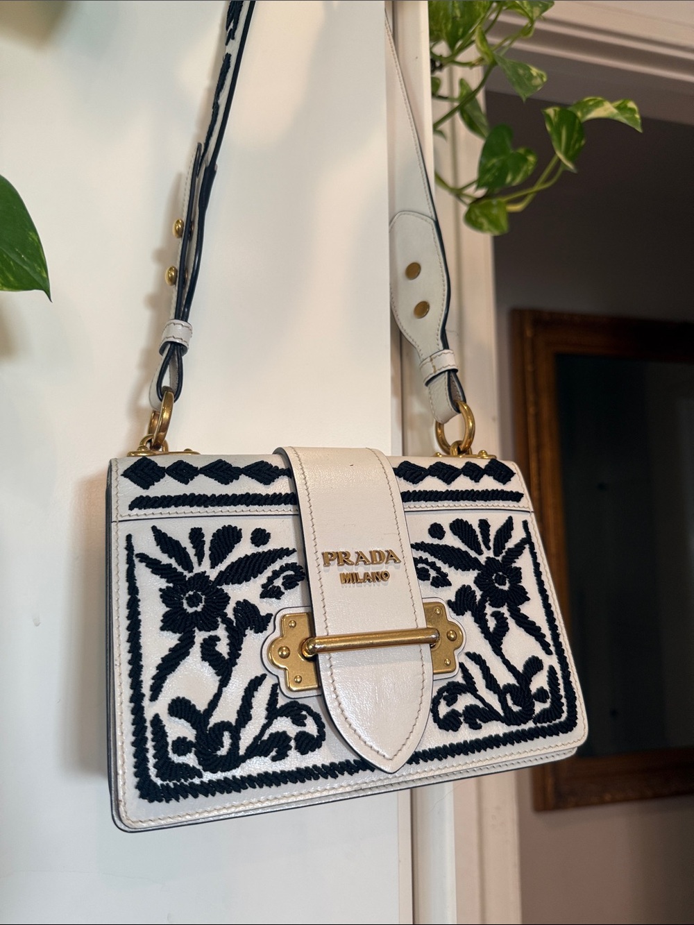 Prada White Leather Shoulder Bag with Black Embroidered Floral Detail